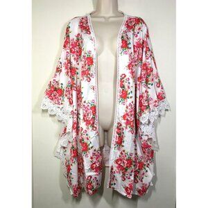 Misslook Red Floral White Kimono 2XL Lace Trim Open Front Women's Poly Satin
